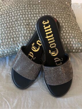 Juicy Couture Black Slide Sandals with Sparkling Rhinestone Strap Sz 10